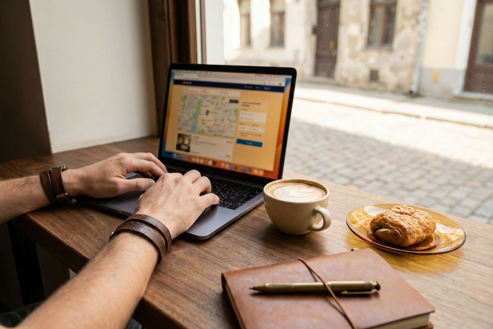 Traveler reviewing booking options on a laptop