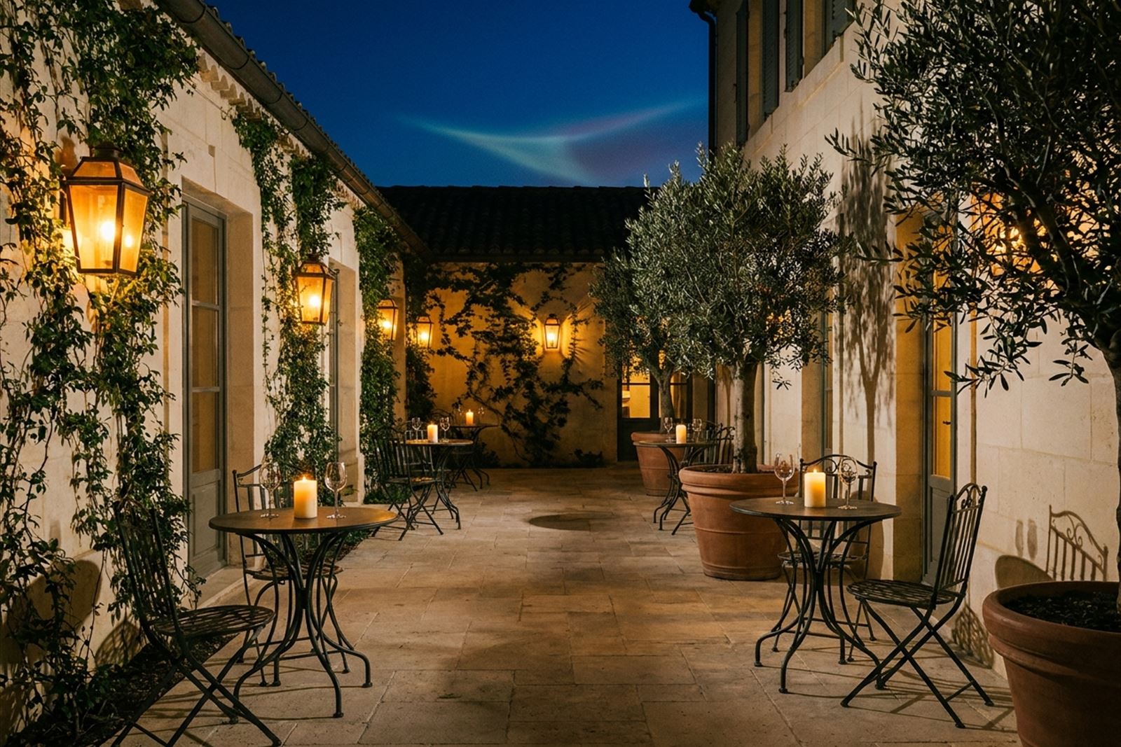 Hotel courtyard at dusk