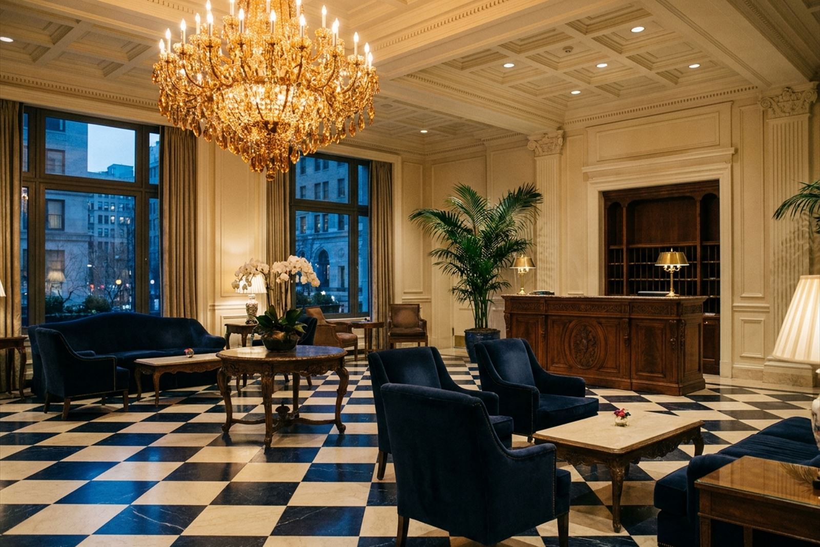Hotel lobby in warm evening light