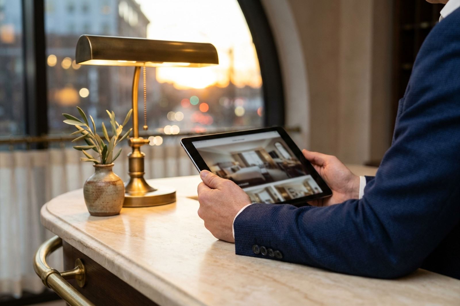 Hotel manager reviewing photos on a tablet