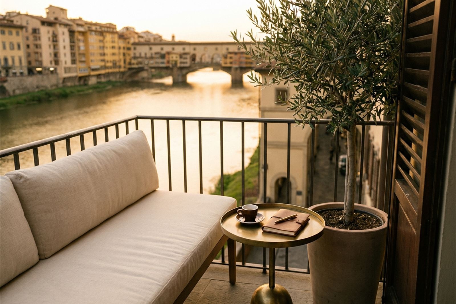 Traveler reading on a riverside balcony